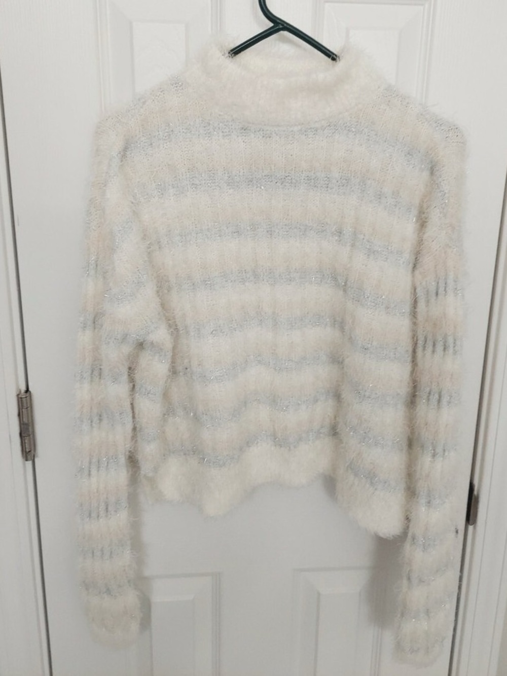Candie's Cream and Light Blue Fuzzy Striped Turtleneck Sweater
